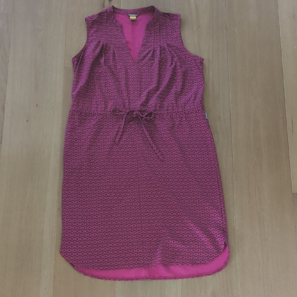 Eddie Bauer Departure Dress Sleeveless Tie Waist Pink Print Size Small